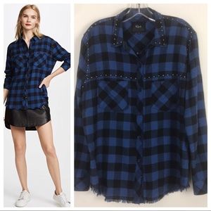 Rails Rex Blue Black Check Studded Flannel Shirt Shaket Raw Hem Oversized